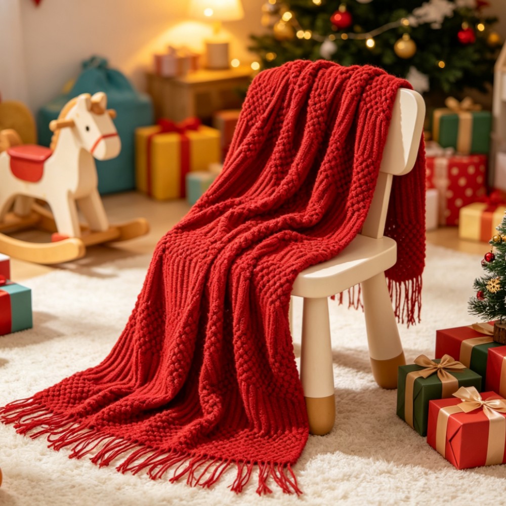 Throw Blanket Chunky Knit - Manta de Tricô Grossa Vermelha Estilo